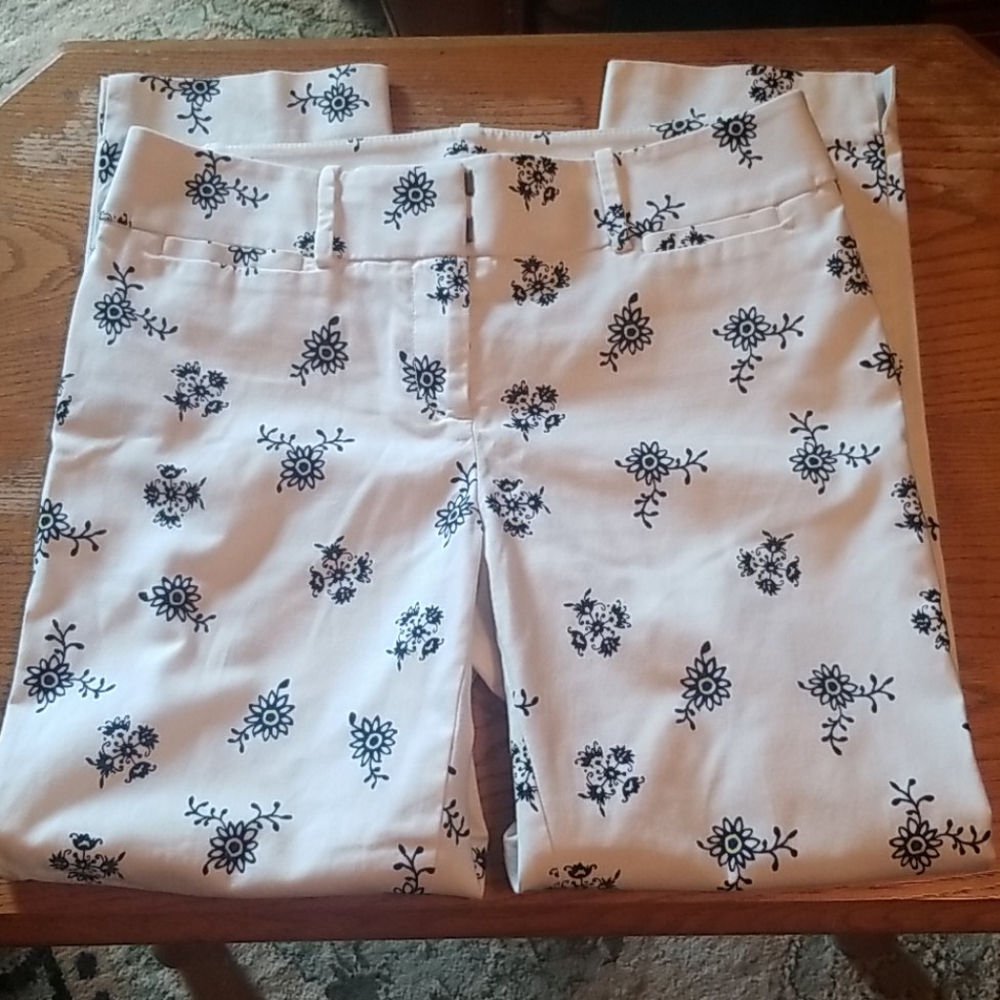 Loft Ivory Black Yellow Floral Julie Crop Pants 0